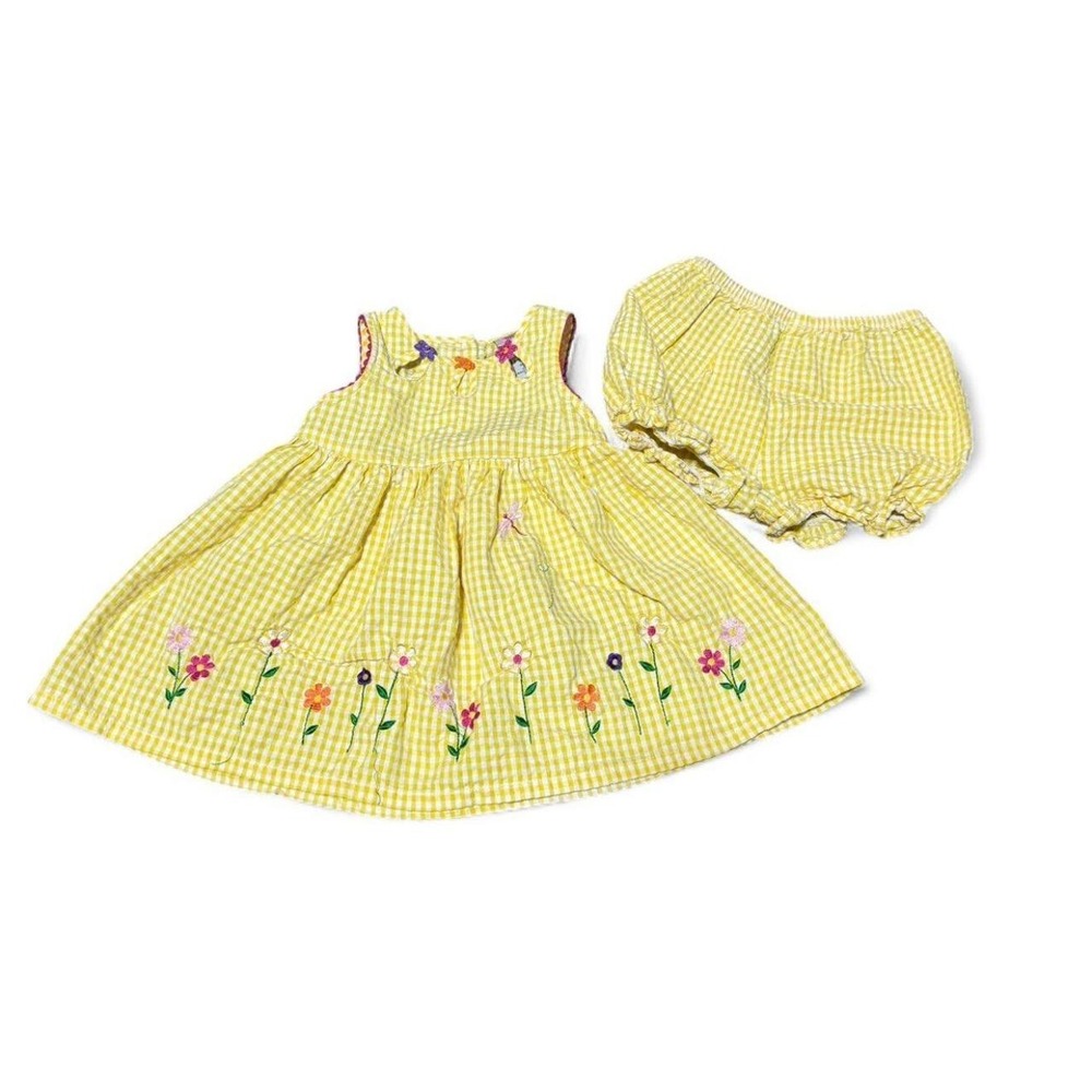 Youngland Baby Girls 12M Yellow Gingham Floral Embroidered Dress Bloomers Set